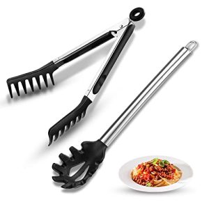 2 Pieces Spaghetti Spoon and Pasta Tong,Non-stick 13-Inch Silicone Spaghetti Fork and 9.8-Inch Stainless Steel Handle Spaghetti Tong Food Clip for Spaghetti Noodle