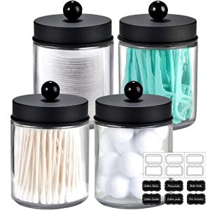 4 Pack Apothecary Jars Bathroom Vanity Storage Organizer Set -Countertop Canister with Stainless Steel Lids &Cute Stickers - Qtip Dispenser Holder for Qtips,Cotton Swabs,Makeup Sponges(Black)