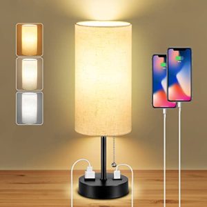 Dott Arts USB Bedside Table Lamp, 2700K 4000k 5000K Nightstand Lamp with Pull Chain, Bedside Lamp with USB Port & AC Outlet, Table Lamp for Bedroom Living Room, Bulb Included, Fabric Linen Lamp Shade