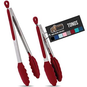 Gorilla Grip Stainless Steel Silicone Tongs for Cooking, Set of 2, Includes 7 and 9 Inch Locking Kitchen Tong, Heat Resistant Tip, Strong Grip for Meat, Perfect for Nonstick Pans and BBQ, Red