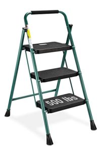 HBTower 3 Step Ladder, Folding Step Stool with Wide Anti-Slip Pedal, 500 lbs Sturdy Steel Ladder, Convenient Handgrip, Lightweight, Portable Steel Step Stool, Green and Black