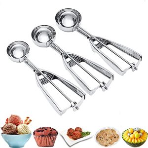 Ice Cream Scoop, 3Pcs Cookie Scoop Set, Stainless Steel Ice Cream Scooper with Trigger Release, Large/Medium/Small Cookie Scooper for Baking, Cookie Scoops for Baking Set of 3 with Cookie Dough Scoop…