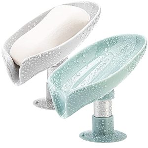 LBshmao-D 2 Pack Soap Holder Leaf-Shape Self Draining Soap Dish Holder, Not Punched Easy Clean Bar Soap Holder, with Suction Cup Soap Dish Suitable for Shower, Bathroom, Kitchen Sink (Grey + Green)
