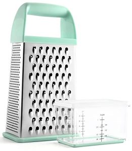 Spring Chef Professional Cheese Grater With Storage Container, Stainless Steel & Soft Grip Handle, 4 Sides, Handheld Kitchen Food Shredder Best Box Grater for Parmesan, Vegetables, Ginger, 10" Mint