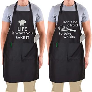 (2-Pack) Funny Aprons For Women, Men & Couples - Adjustable Universal Fit Cooking Apron - Black Apron With Pockets For BBQ, Baking, Painting, Wedding Gift & More - (Funny Cooking Puns)