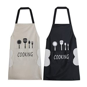 2 Pack Kitchen Apron with Hand Wipe,Water-drop Resistant with 2 Pockets Cooking Bib Aprons for Mother Women Men Chef Coffee Restaurant (Black&Beige)