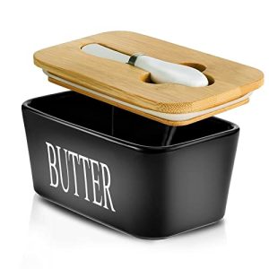 Butter Dish with Bamboo Lid and Knife, Large Butter Keeper Container for Counter, Airtight Butter Holder with Cover for Kitchen,Black