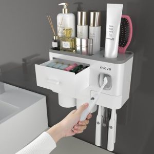 10 👉 iHave Toothbrush Holders for Bathrooms, 2 Cups Toothbrush Holder Wall Mounted with Toothpaste Dispenser - Large Capacity Tray, Cosmetic Drawer - Bathroom Decor & Bathroom Accessories