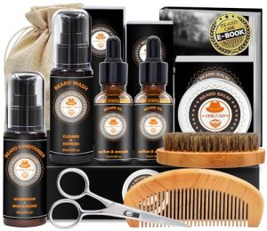 10 👉 Upgraded Beard Grooming Kit w/Beard Conditioner,Beard Oil,Beard Balm,Beard Brush,Beard Shampoo/Wash,Beard Comb,Beard Scissors,Storage Bag,Beard E-Book,Beard Care Gifts for Men Him
