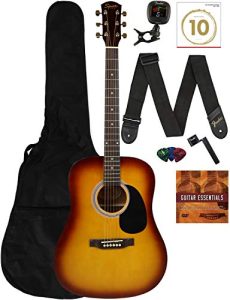 5 👉 Fender Squier Dreadnought Acoustic Guitar - Sunburst Learn-to-Play Bundle with Gig Bag, Tuner, Strap, Strings, Winder, Picks, Online Lessons, and Austin Bazaar Instructional DVD