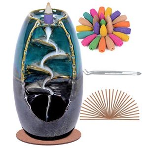5 👉 SPACEKEEPER Ceramic Backflow Incense Holder and Burner Waterfall, with 120 Backflow Incense Cones + 30 Incense Stick, Aromatherapy Ornament Home Decor, Blue Set
